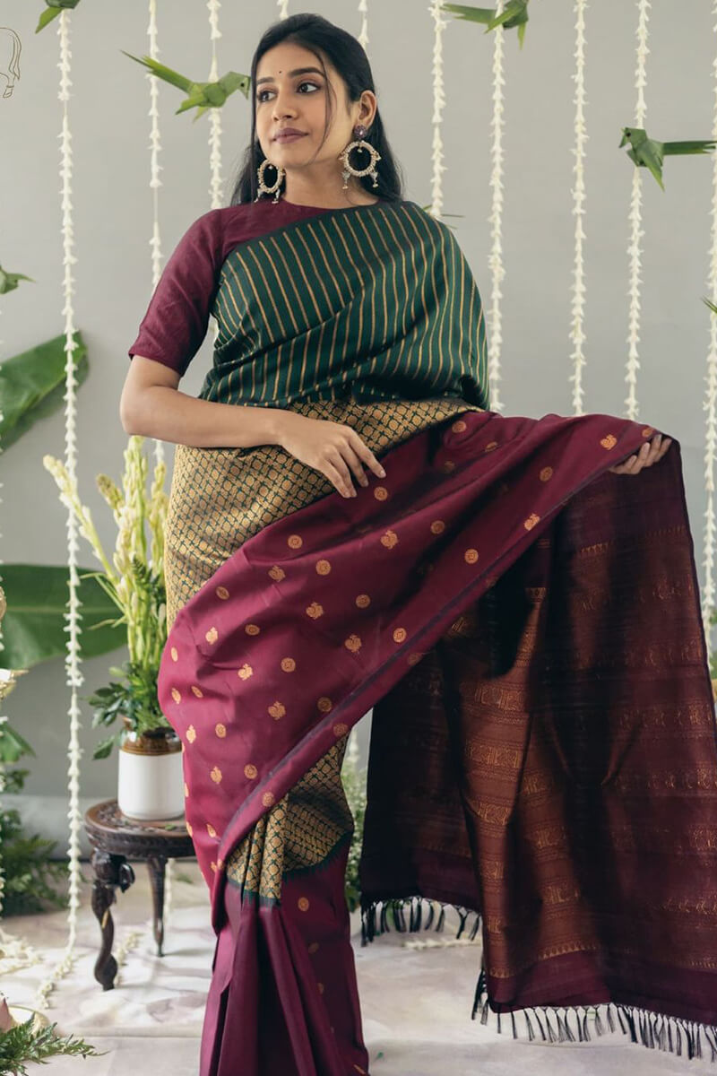 Snappy Wine Soft Silk Saree With Proficient Blouse Pieced