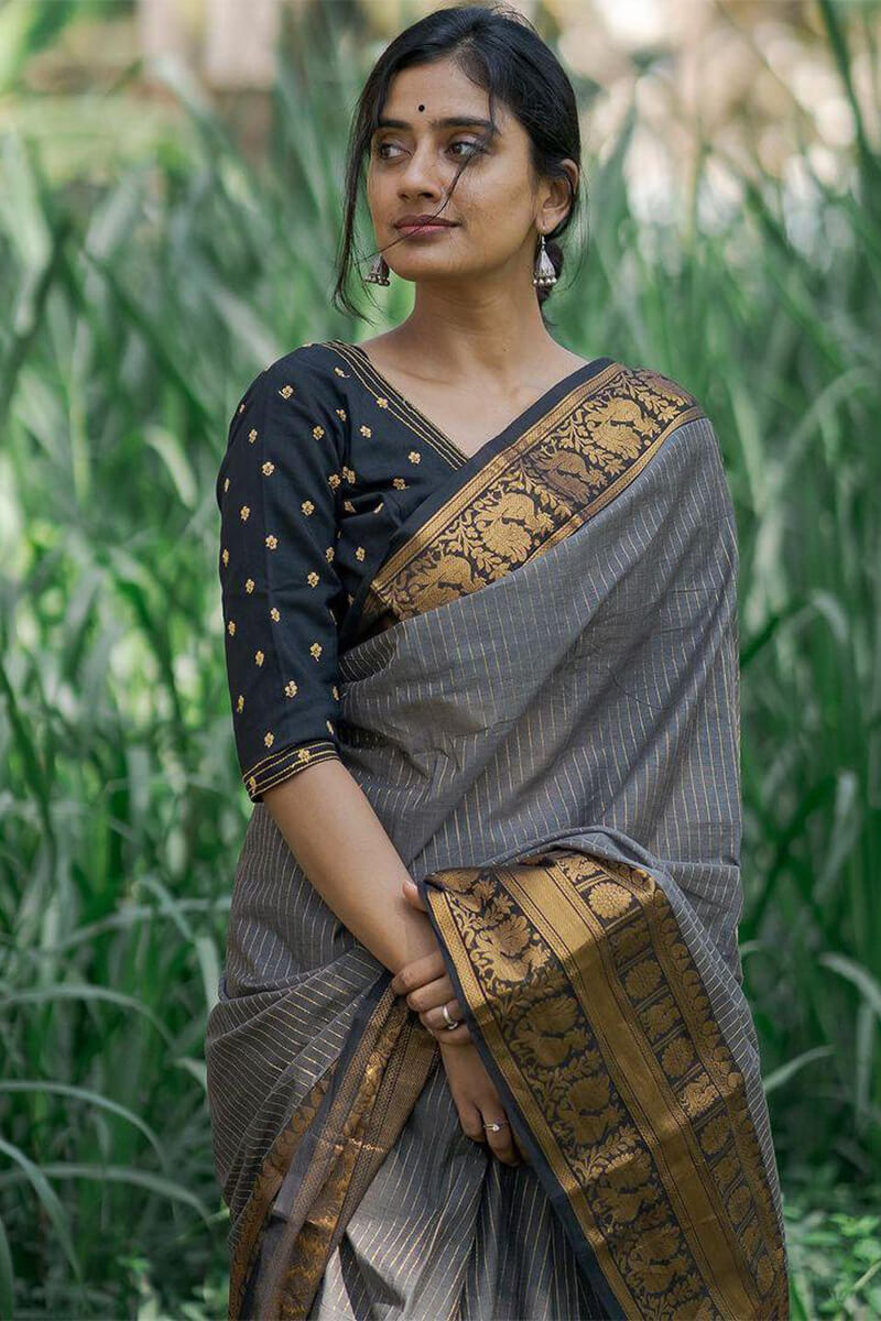 Gratifying Grey Soft Silk Saree With Adoring Blouse Pieced