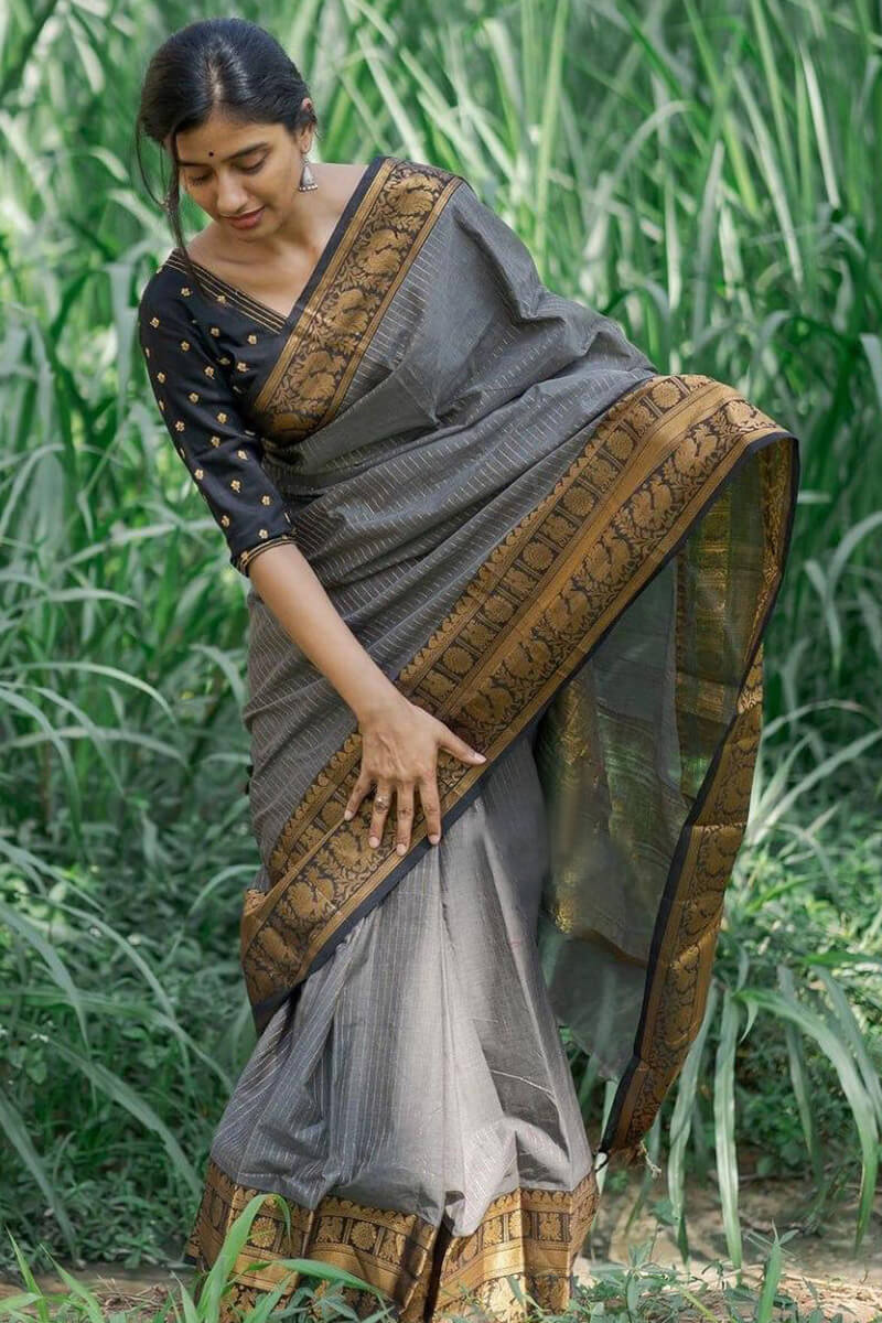 Gratifying Grey Soft Silk Saree With Adoring Blouse Pieced