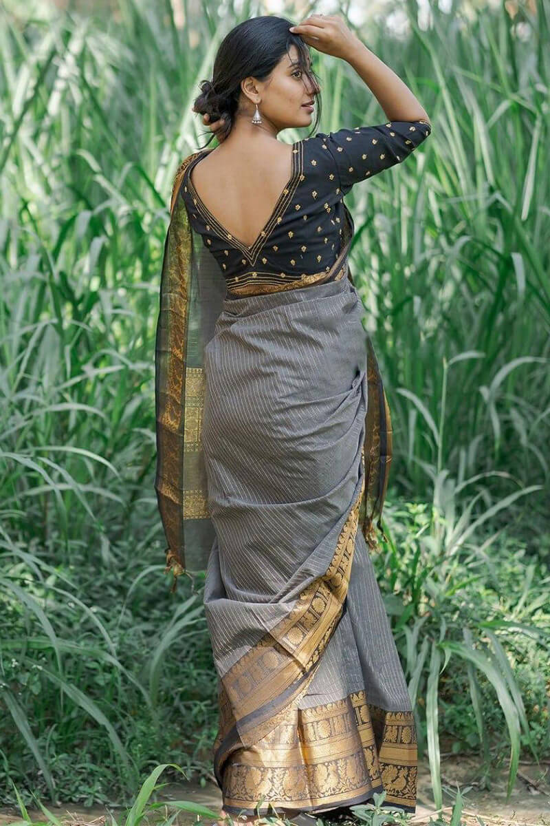 Gratifying Grey Soft Silk Saree With Adoring Blouse Pieced