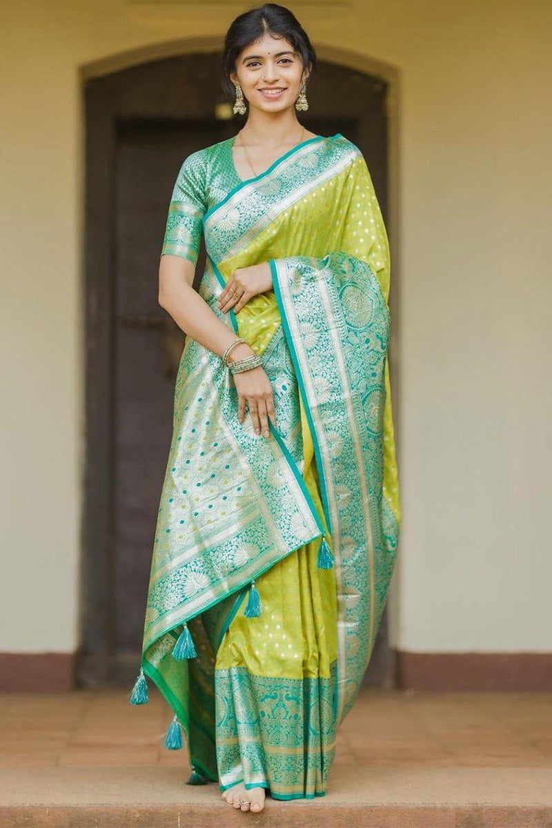 Effulgent Parrot Soft Silk Saree With Sonorous Blouse Piece