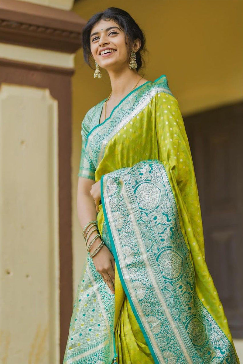 Effulgent Parrot Soft Silk Saree With Sonorous Blouse Piece