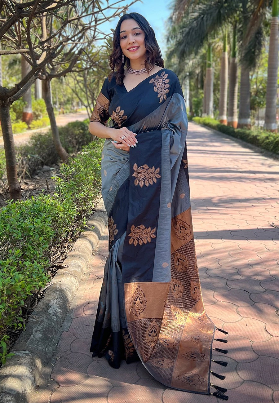 Demanding Grey Soft Silk Saree With Fancifull Blouse Piece