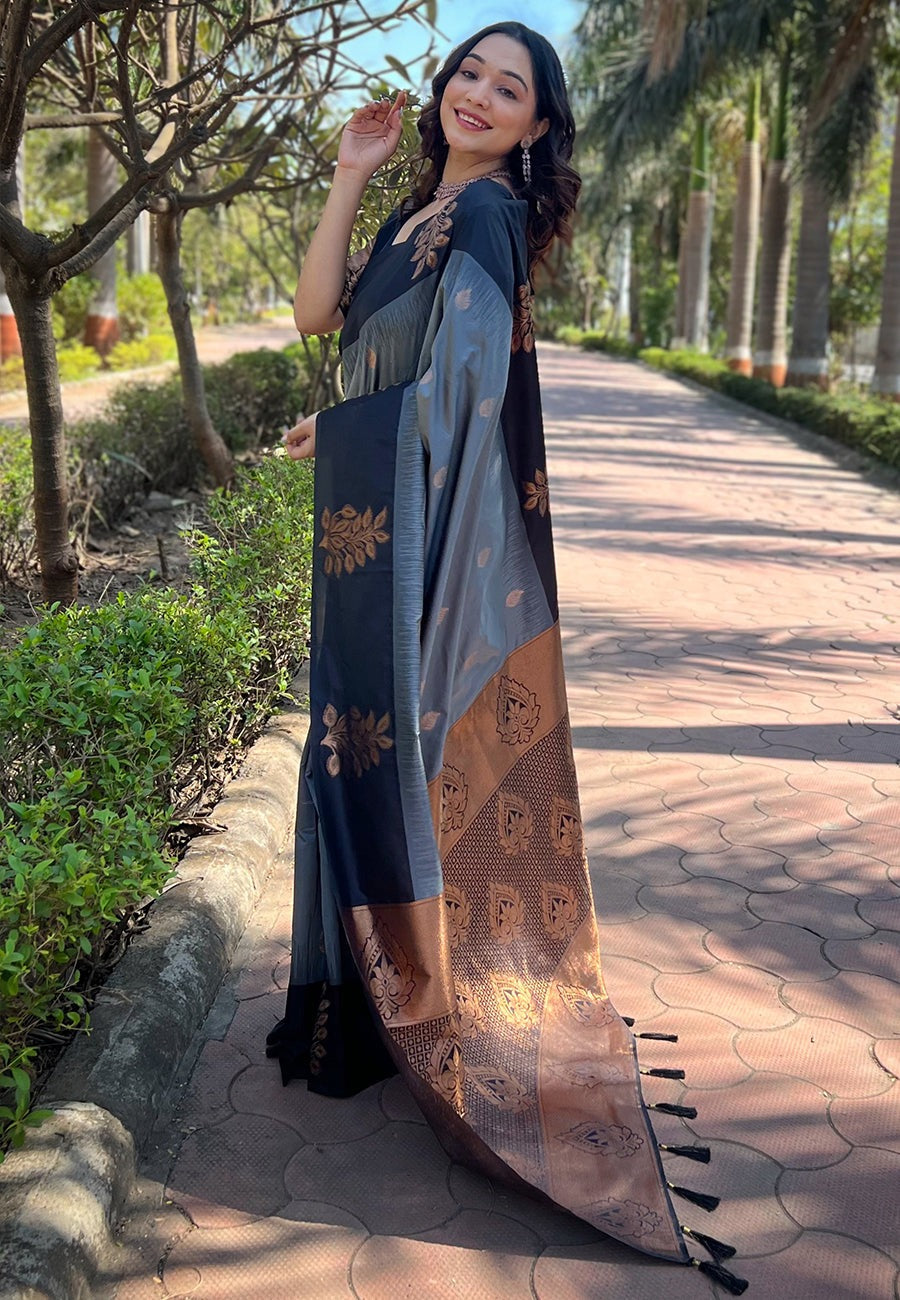 Demanding Grey Soft Silk Saree With Fancifull Blouse Piece