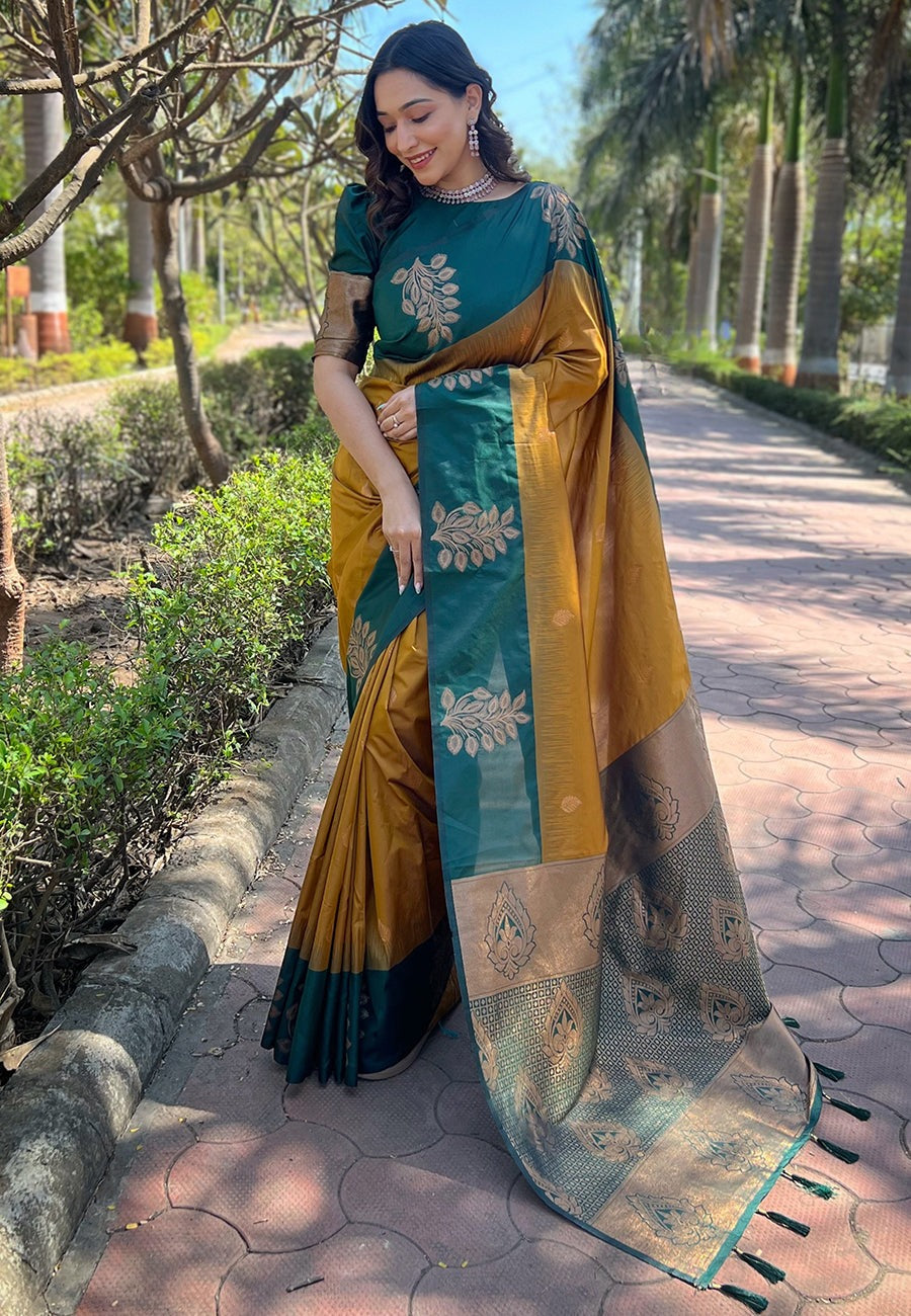 Charming Mustard Soft Silk Saree With Sophisticated Blouse Piece