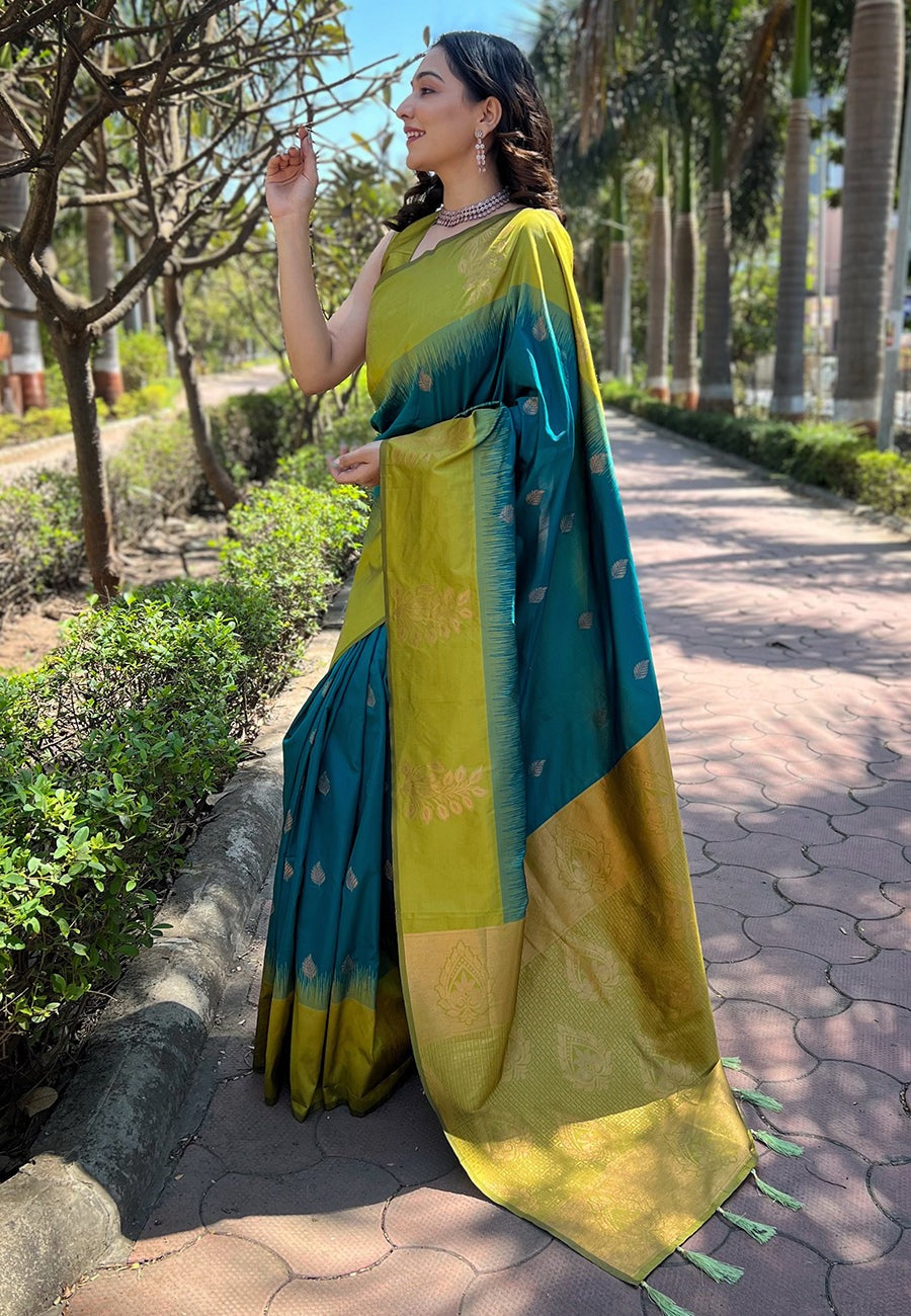 Fairytale Rama Soft Silk Saree With Ravishing Blouse Piece