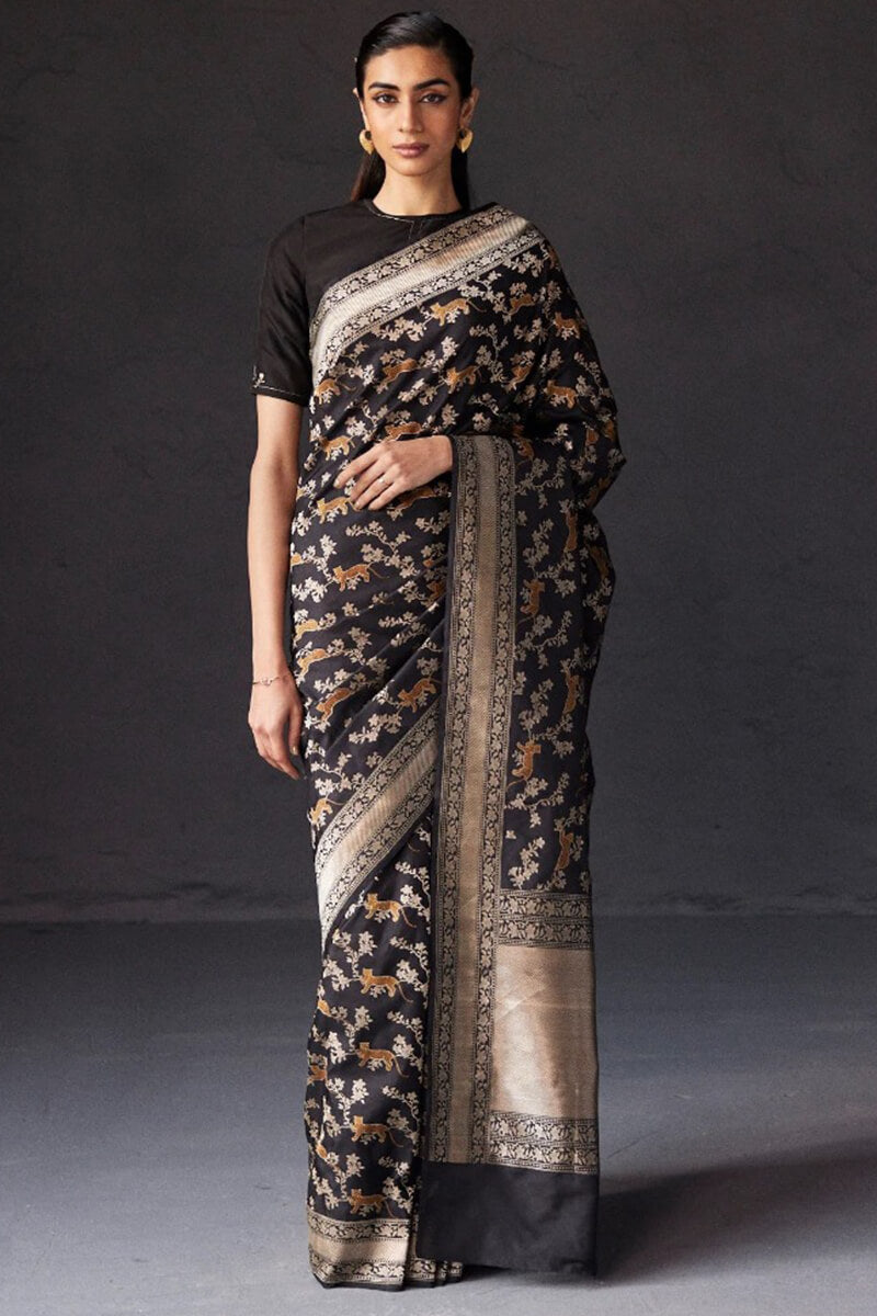 Lagniappe Black Soft Silk Saree With Confounding Blouse Piece