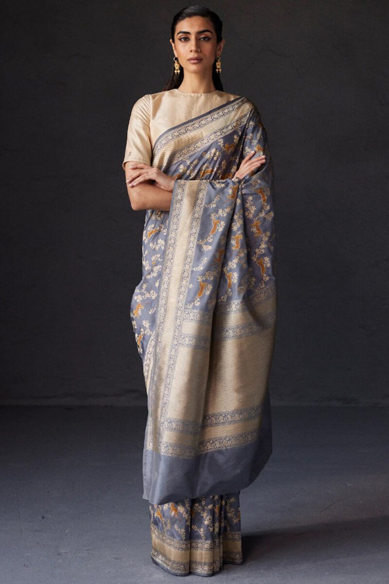 Exuberant Grey Soft Silk Saree With Improbable Blouse Piece