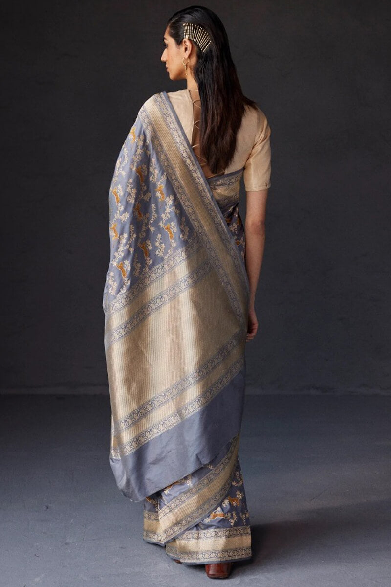 Exuberant Grey Soft Silk Saree With Improbable Blouse Piece