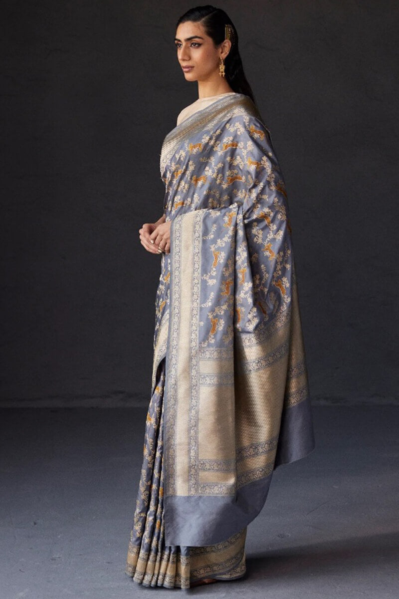 Exuberant Grey Soft Silk Saree With Improbable Blouse Piece