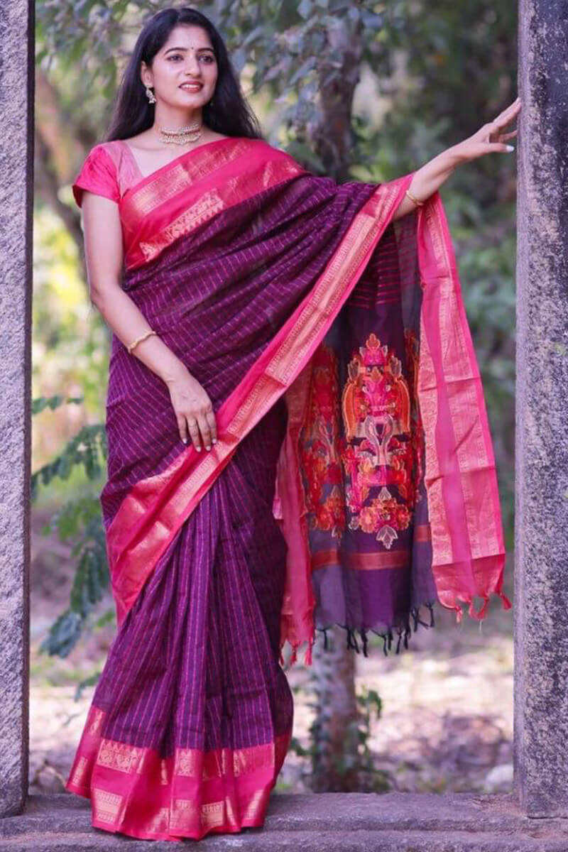 Sensational Purple Cotton Silk Saree With Innovative Blouse Piece