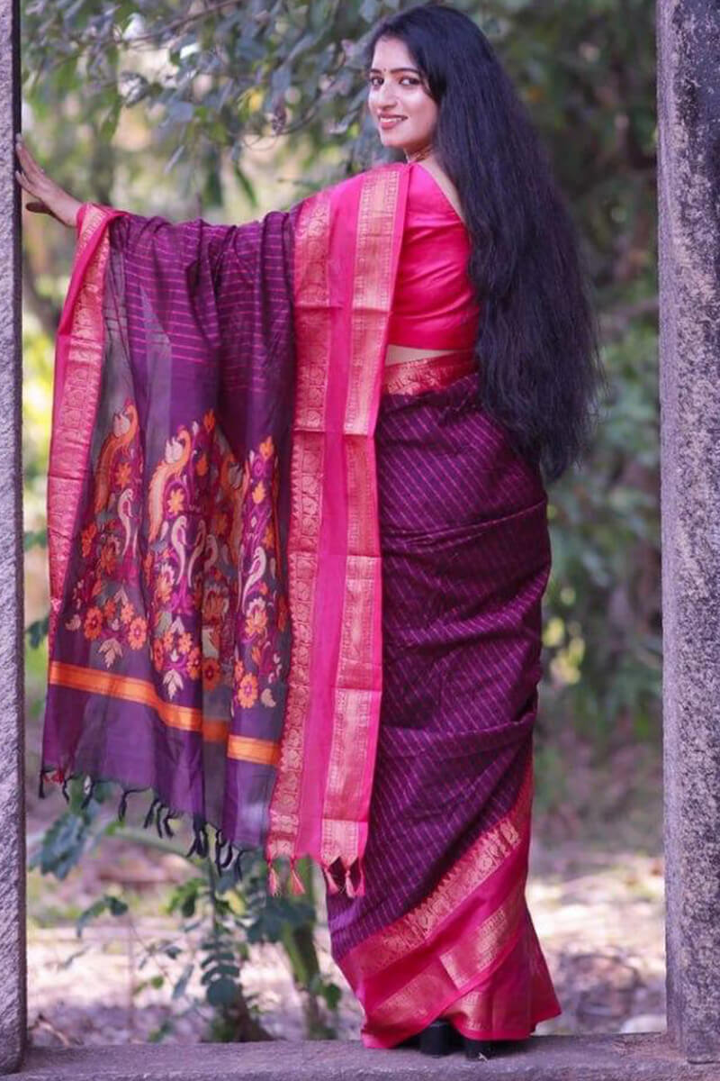 Sensational Purple Cotton Silk Saree With Innovative Blouse Piece