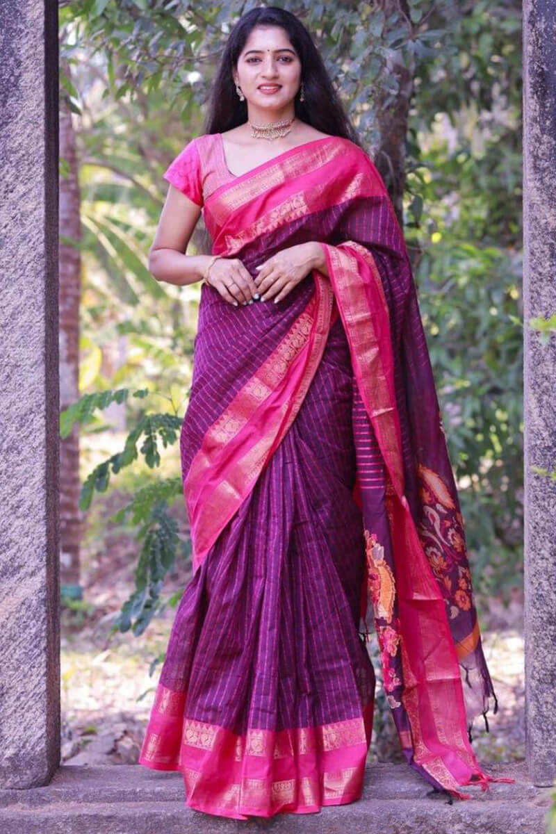 Sensational Purple Cotton Silk Saree With Innovative Blouse Piece