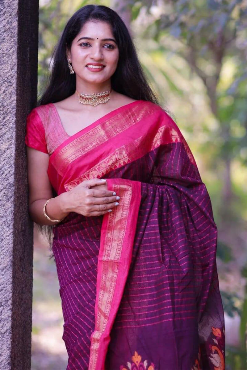 Sensational Purple Cotton Silk Saree With Innovative Blouse Piece