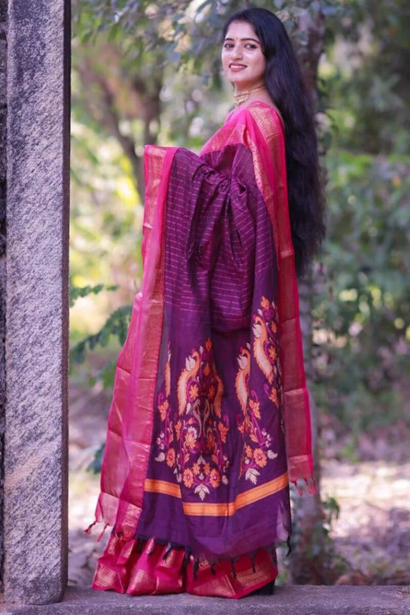 Sensational Purple Cotton Silk Saree With Innovative Blouse Piece