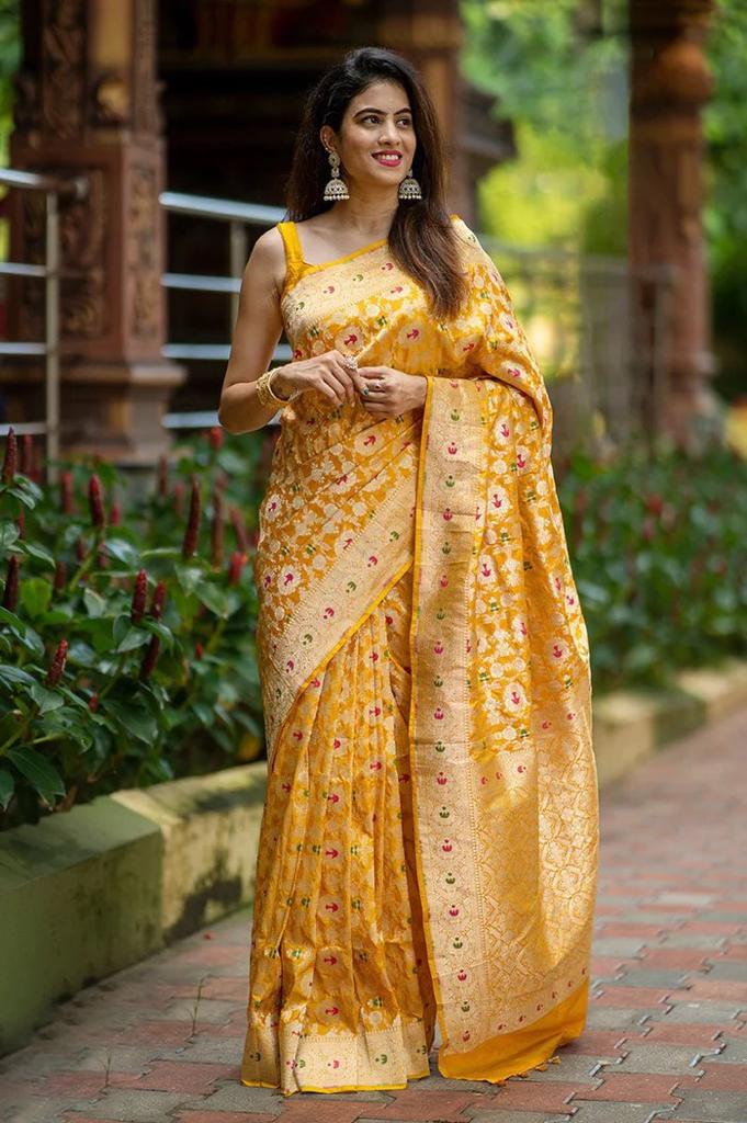 Demesne Yellow Soft Silk Saree With Engrossing Blouse Piece