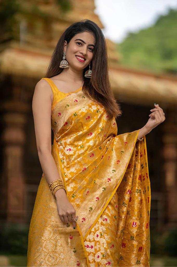 Demesne Yellow Soft Silk Saree With Engrossing Blouse Piece