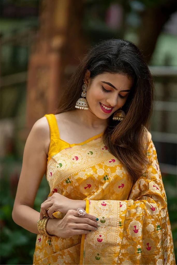 Demesne Yellow Soft Silk Saree With Engrossing Blouse Piece