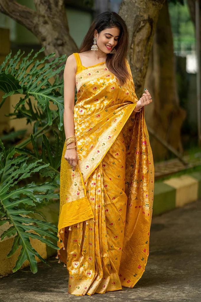 Demesne Yellow Soft Silk Saree With Engrossing Blouse Piece