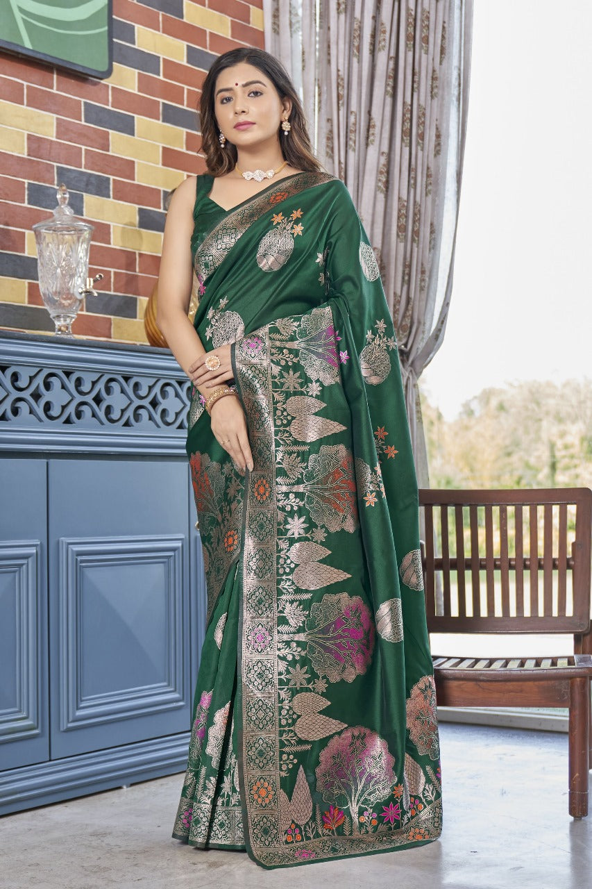 Incredible Dark Green Soft Silk Saree With Pleasurable Blouse Piece