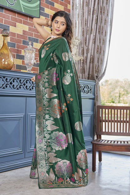 Incredible Dark Green Soft Silk Saree With Pleasurable Blouse Piece