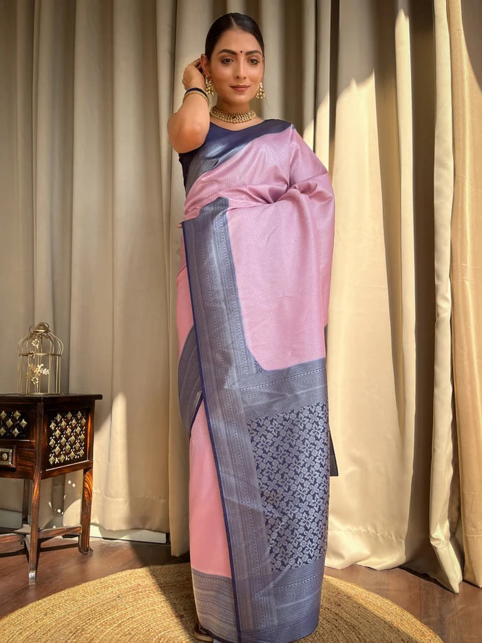 Imaginative Baby Pink Soft Silk Saree With Proficient Blouse Piece