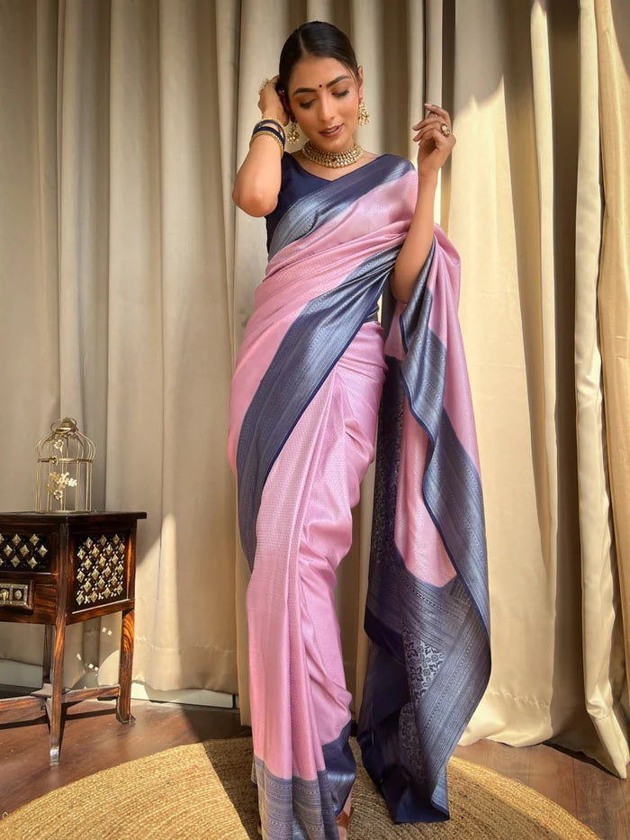 Imaginative Baby Pink Soft Silk Saree With Proficient Blouse Piece