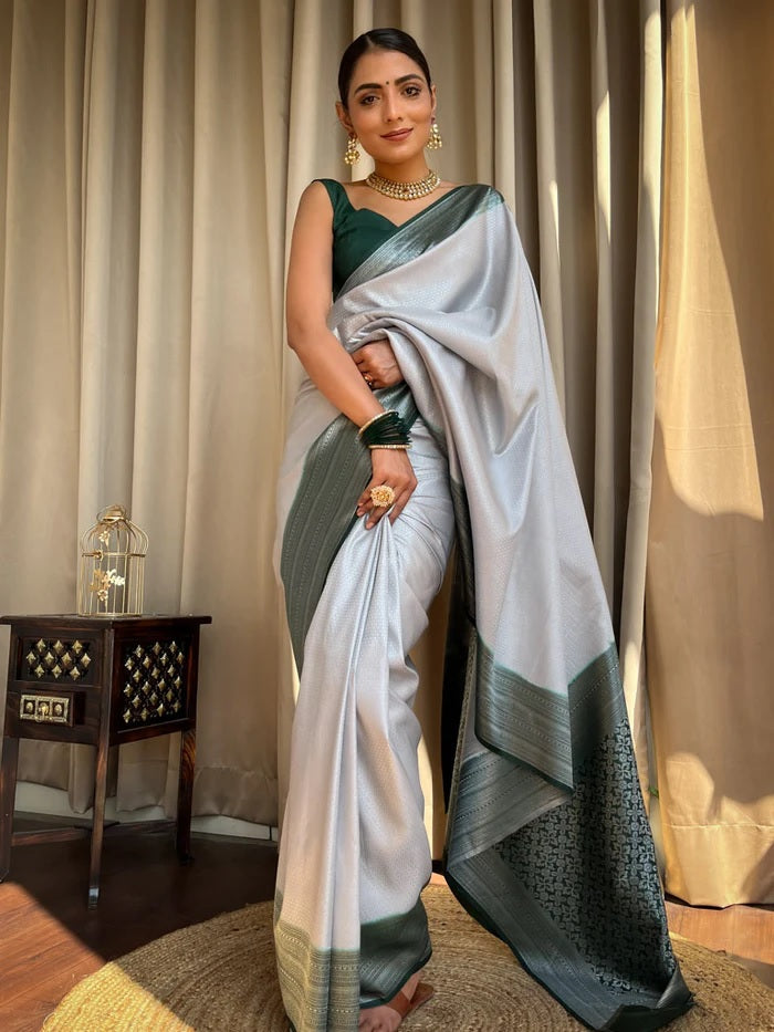 Enthralling Grey Soft Silk Saree With Vivacious Blouse Piece