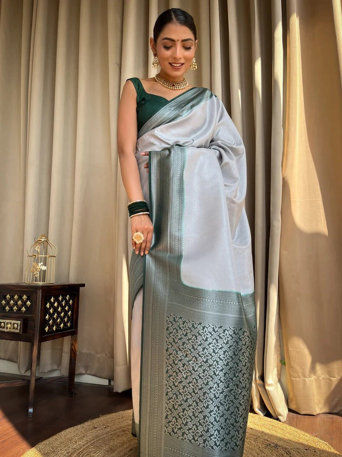 Enthralling Grey Soft Silk Saree With Vivacious Blouse Piece