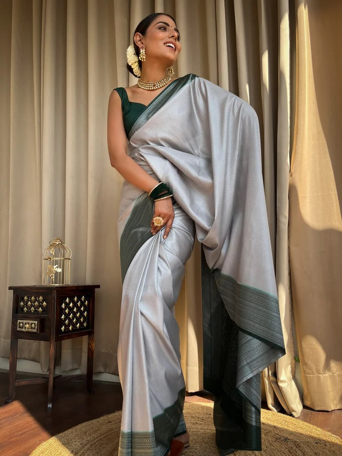 Enthralling Grey Soft Silk Saree With Vivacious Blouse Piece