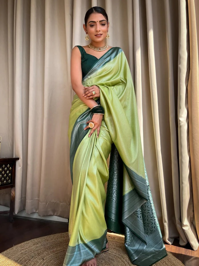 Tremendous Pista Soft Silk Saree With Enthralling Blouse Piece