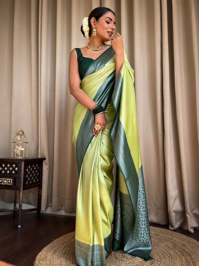 Tremendous Pista Soft Silk Saree With Enthralling Blouse Piece