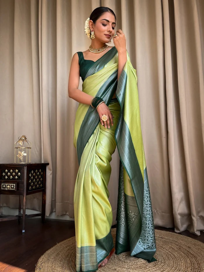 Tremendous Pista Soft Silk Saree With Enthralling Blouse Piece