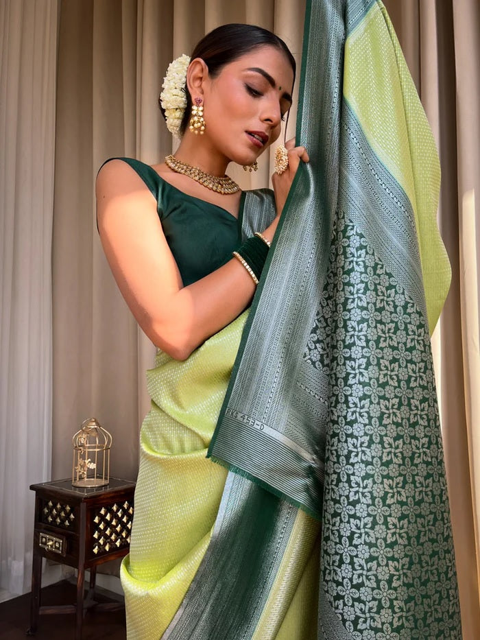 Tremendous Pista Soft Silk Saree With Enthralling Blouse Piece