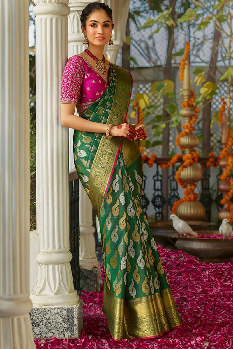 Allure Dark Green Soft Silk Saree With Quixotic Blouse Piece