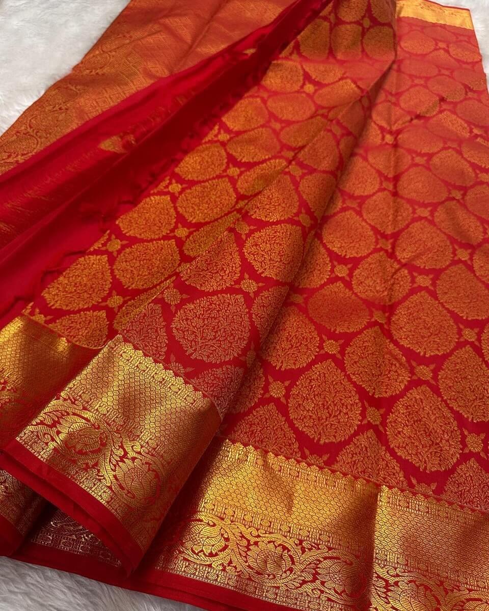 Transcendent Red Soft Banarasi Silk Saree With Profuse Blouse Piece