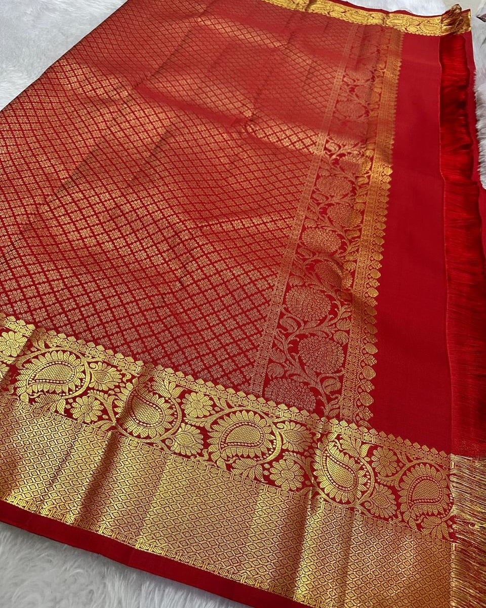 Supernal Red Soft Banarasi Silk Saree With Ornate Blouse Piece