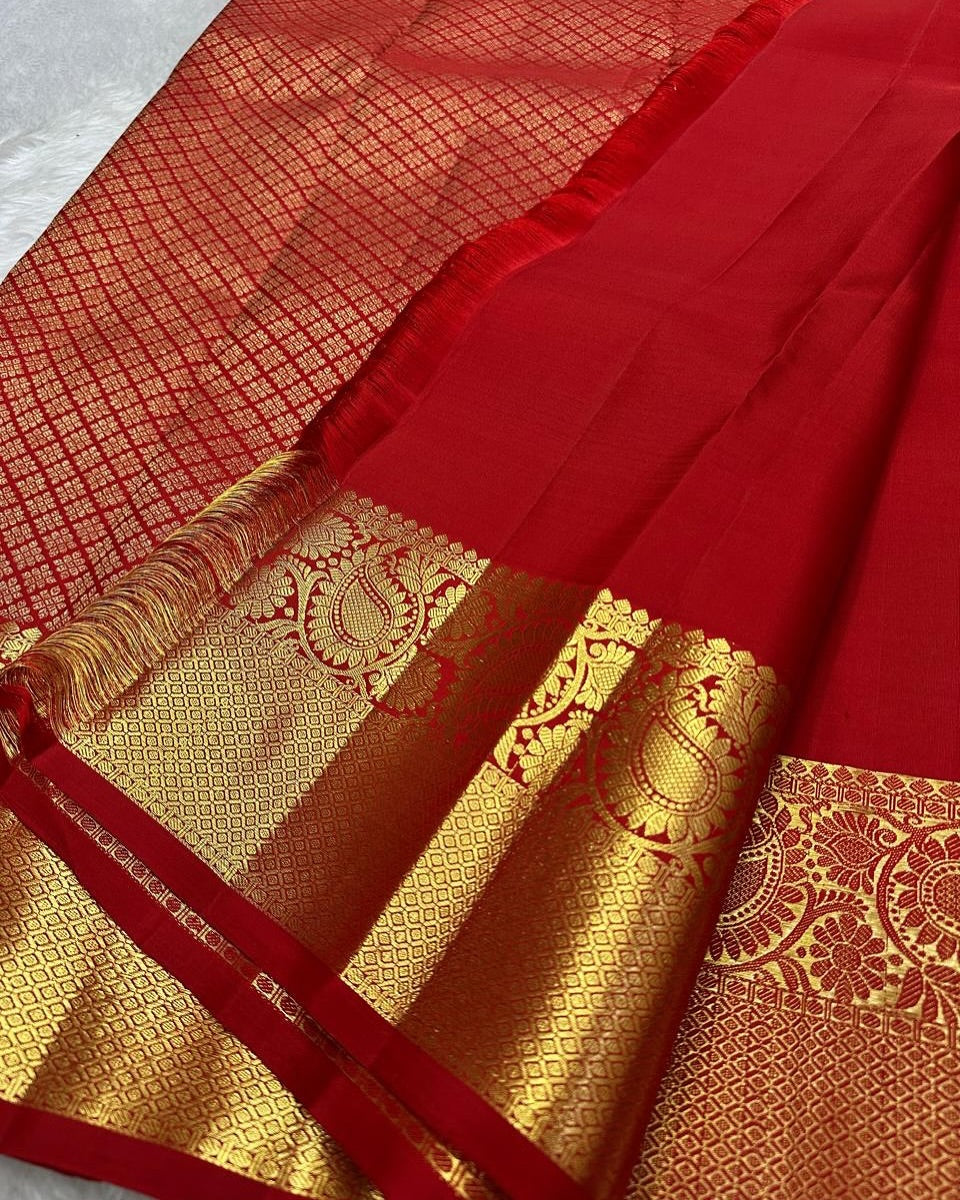 Supernal Red Soft Banarasi Silk Saree With Ornate Blouse Piece