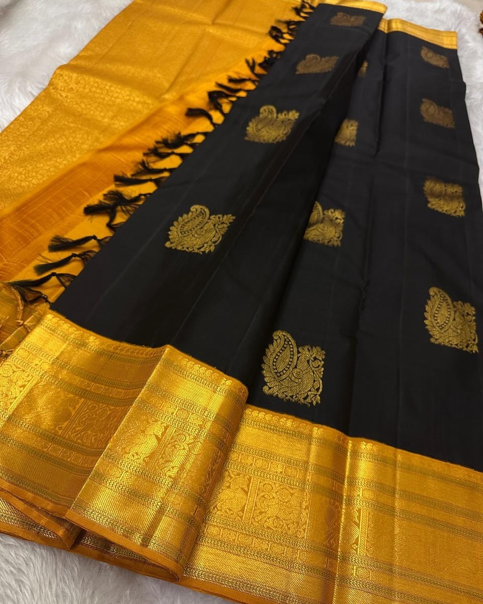 Exquisite Black Soft Silk Saree With Whimsical Blouse Piece