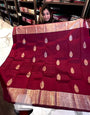Beautiful Wine Soft Banarasi Silk Saree With Snappy Blouse Piece
