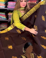 Prominent Brown Soft Banarasi Silk Saree With Eye-catching Blouse Piece