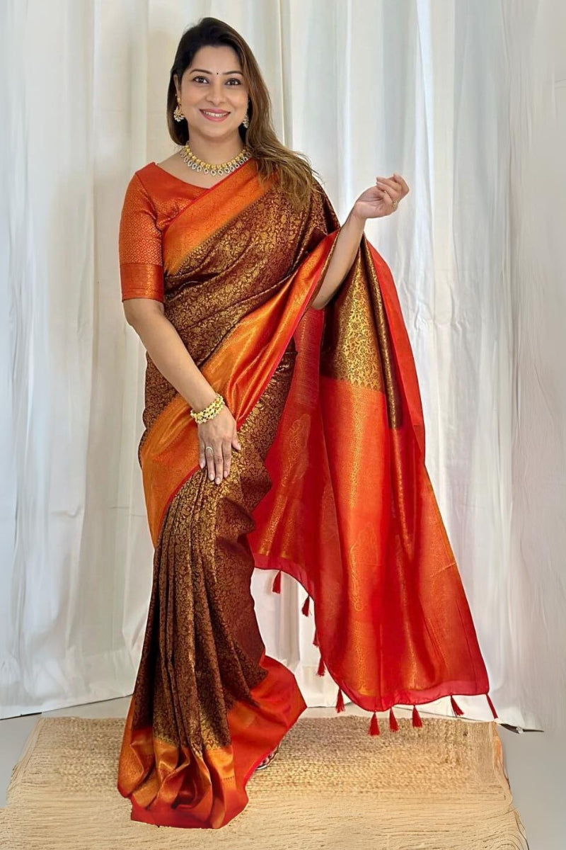 Tantalizing Brown Soft Silk Saree With Wonderful Blouse Piece