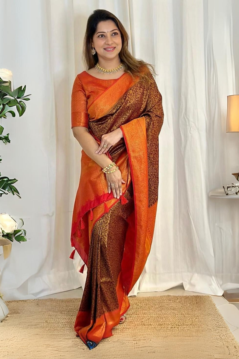 Tantalizing Brown Soft Silk Saree With Wonderful Blouse Piece