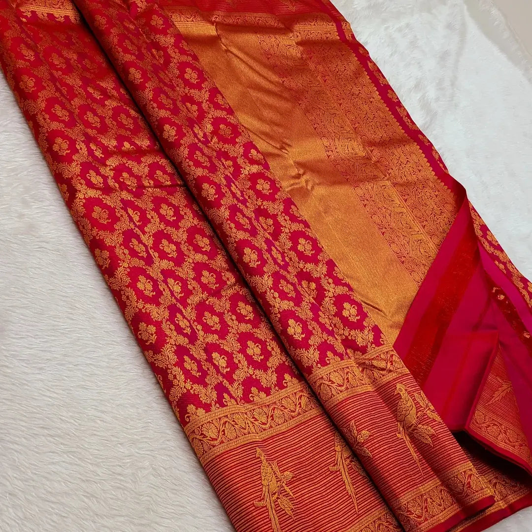 Elaborate Red Pure Zari Weaving Banarasi Silk Saree With Beleaguer Blo ...