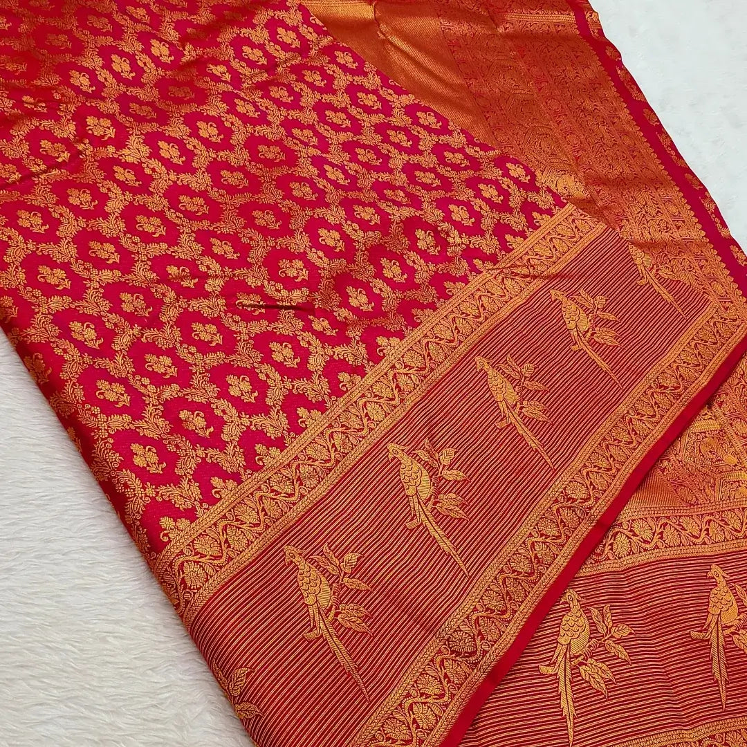 Elaborate Red Pure Zari Weaving Banarasi Silk Saree With Beleaguer Blo ...
