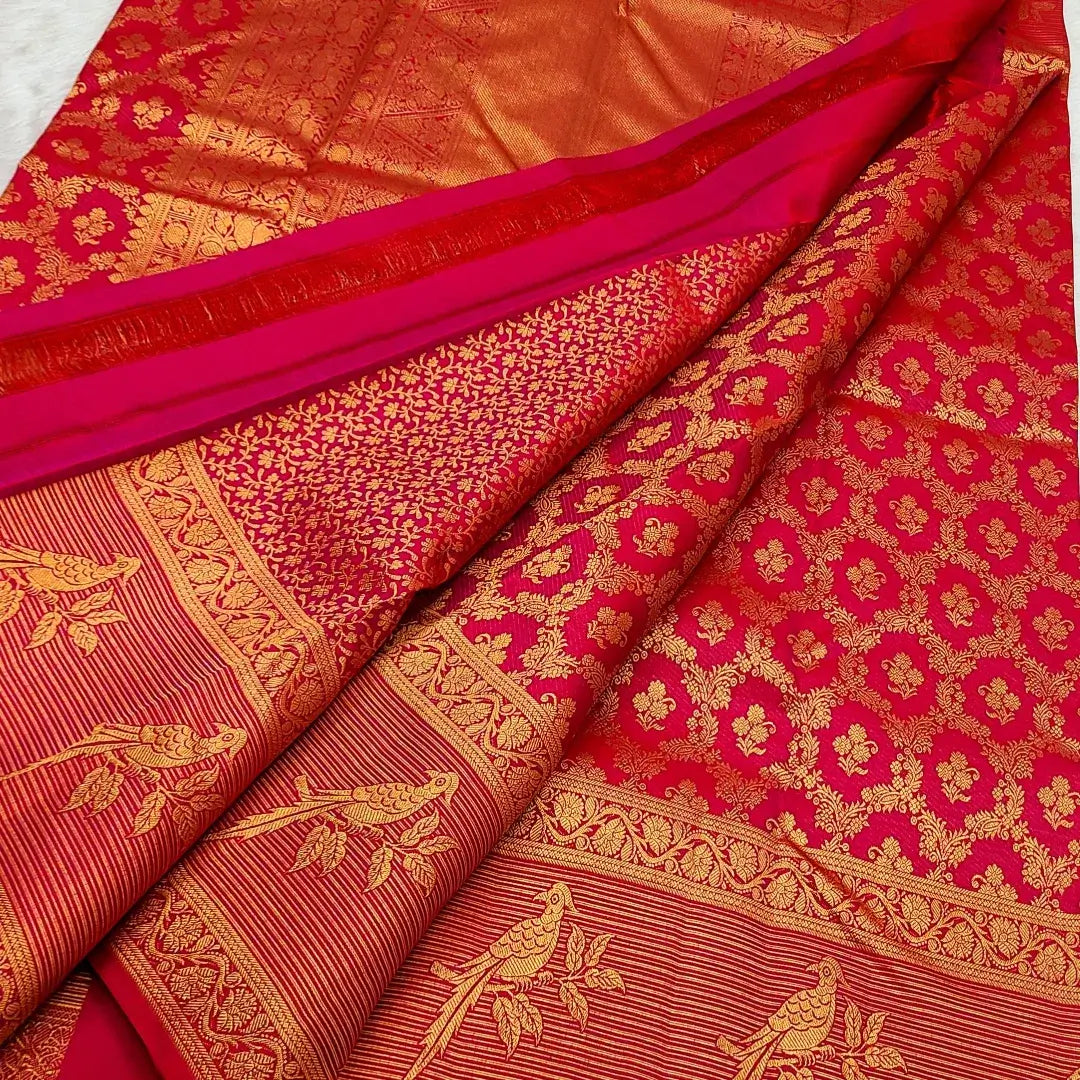Elaborate Red Pure Zari Weaving Banarasi Silk Saree With Beleaguer Blo ...