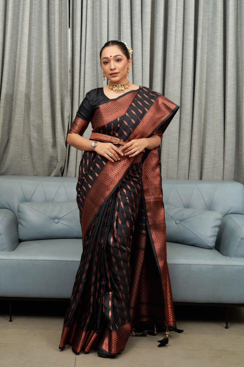 Twirling Black Soft Silk Saree With Designer Blouse Piece