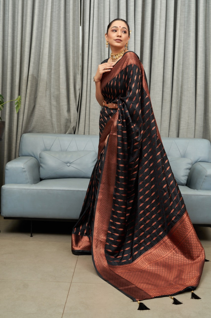 Twirling Black Soft Silk Saree With Designer Blouse Piece