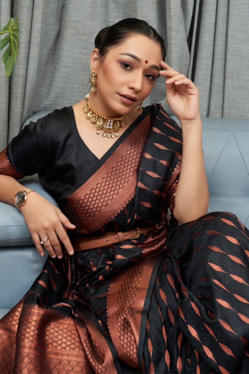 Twirling Black Soft Silk Saree With Designer Blouse Piece