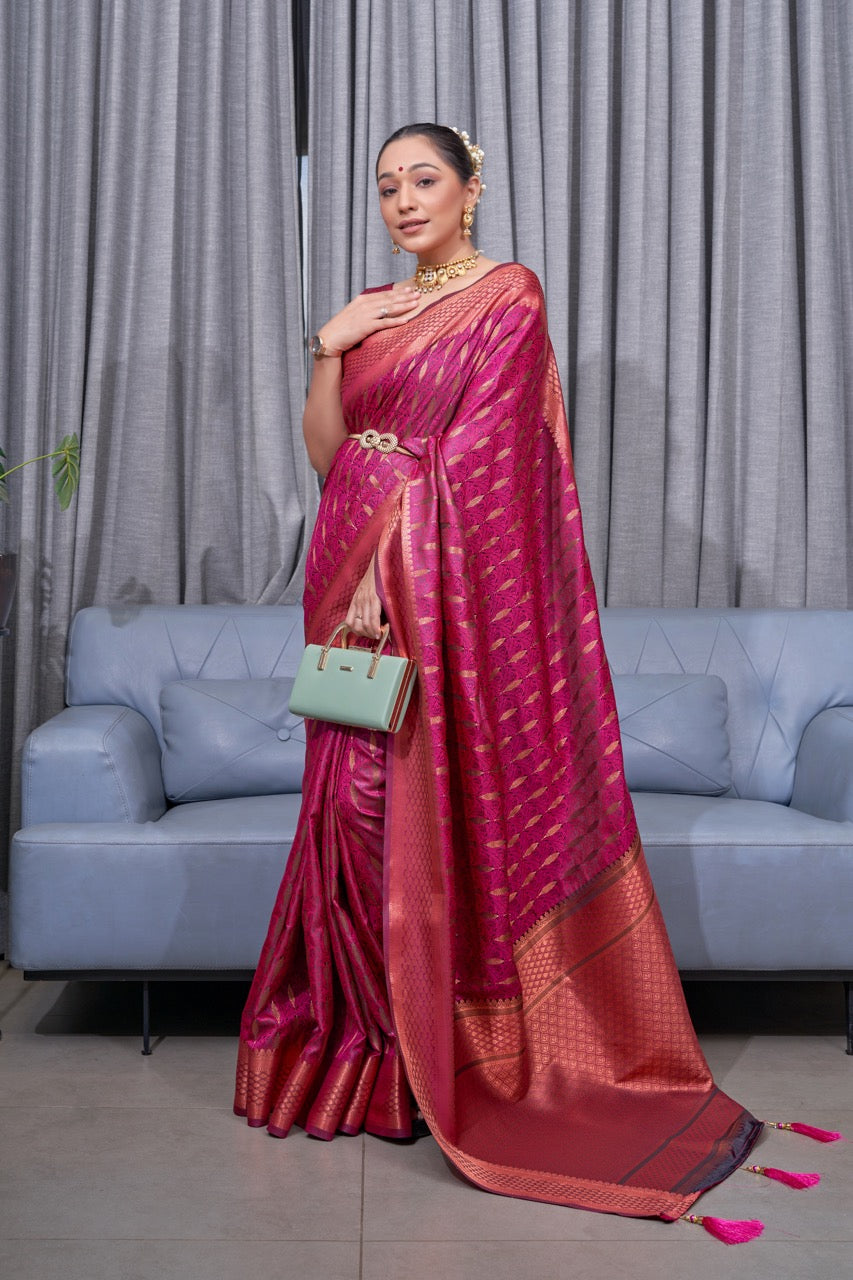 Blooming Dark Pink Soft Silk Saree With Alluring Blouse Piece